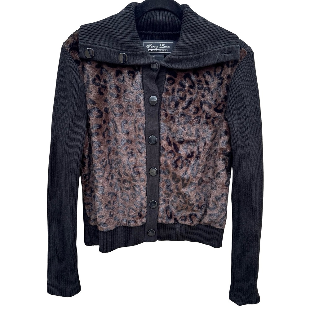 Terry Lewis Mob‎ Wife Glam Leopard Faux Fur Ribbed Cardigan Sweater Black M New